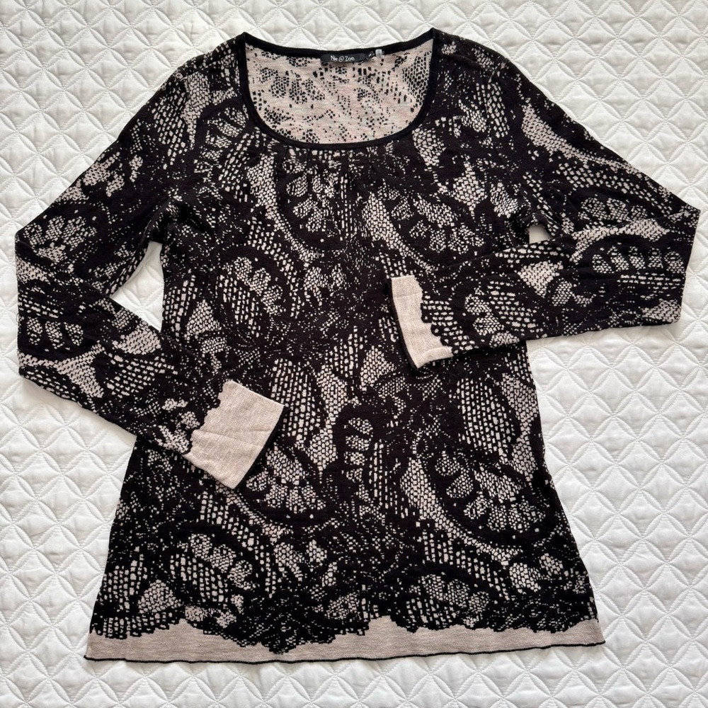 NIC+ZOE Tan Black Lace Pattern Scoop Pullover Cotton Long Sleeve Sweater Size S